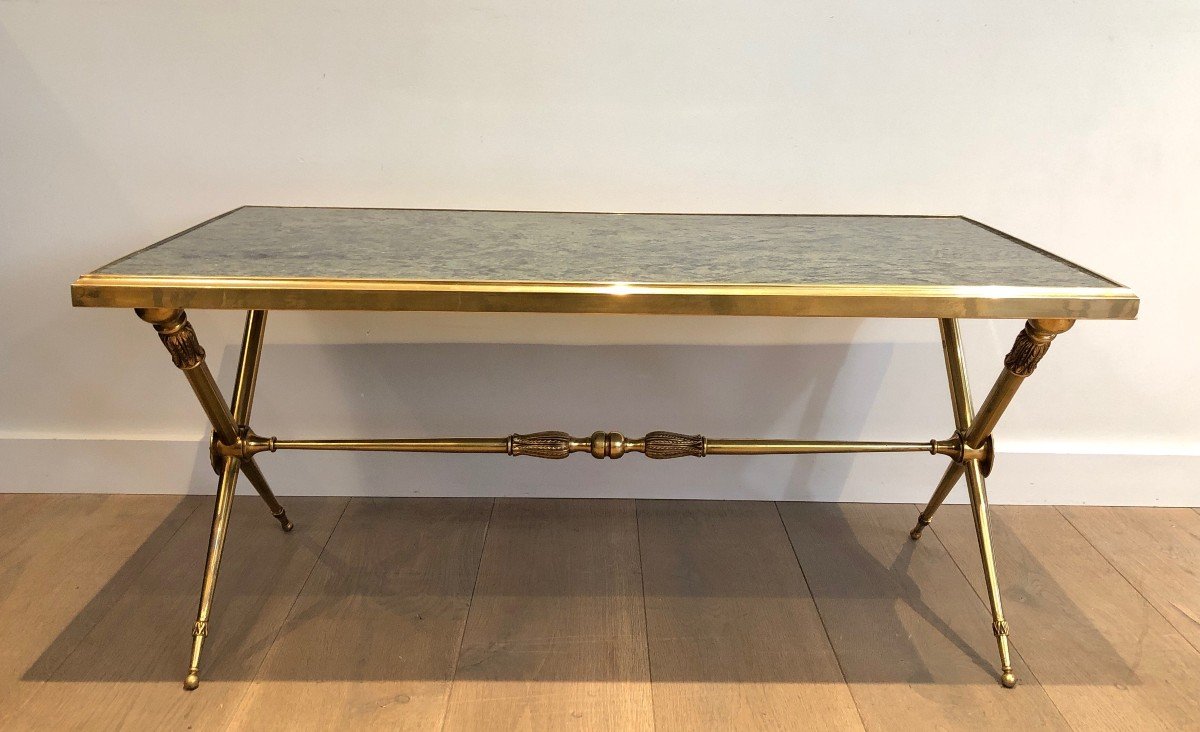 Neoclassical Style Brass Coffee Table With Green Marble Top In The Style Of Raymond Subes-photo-8