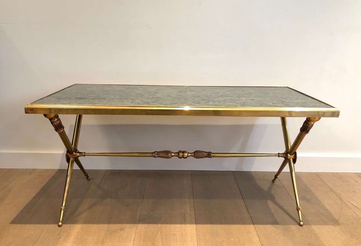 Neoclassical Style Brass Coffee Table With Green Marble Top In The Style Of Raymond Subes