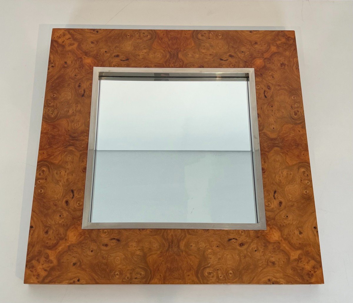 Elm Burl Veneer And Chrome Square Mirror. Italian Work By Willy Rizzo. Circa 1970-photo-2