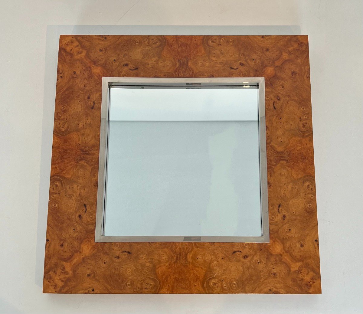 Elm Burl Veneer And Chrome Square Mirror. Italian Work By Willy Rizzo. Circa 1970-photo-8