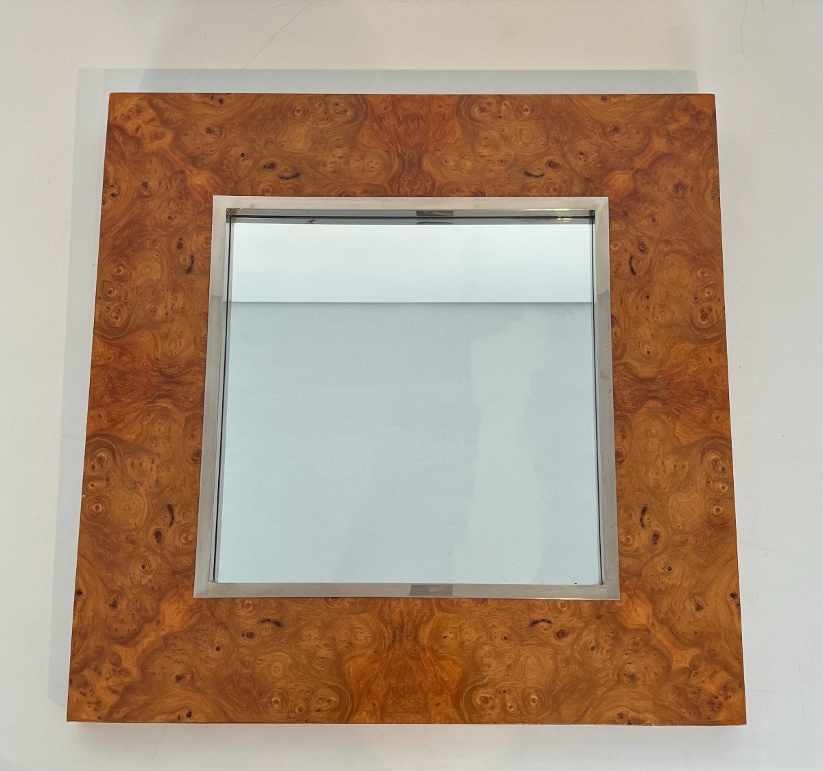 Elm Burl Veneer And Chrome Square Mirror. Italian Work By Willy Rizzo. Circa 1970