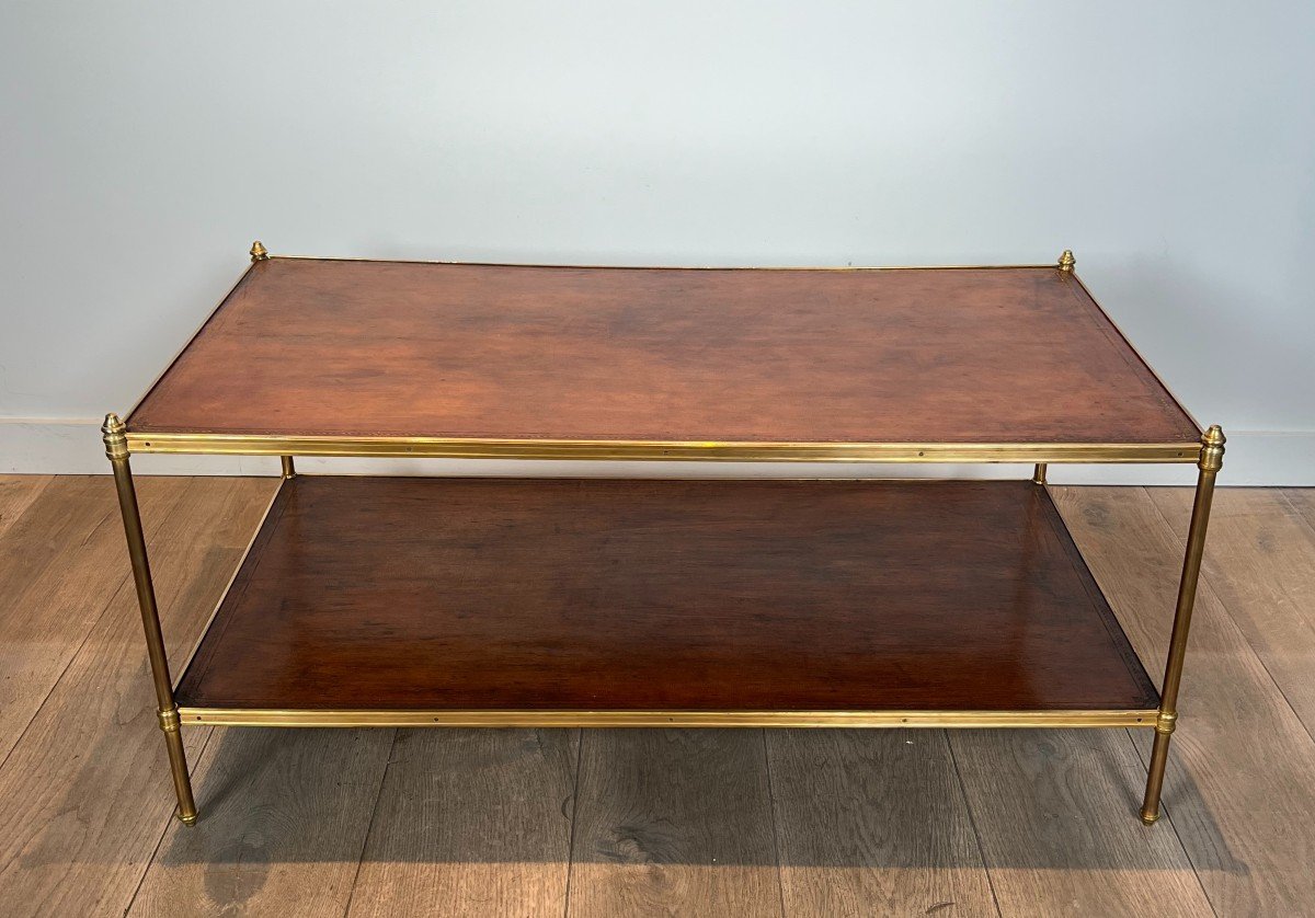 Important Neoclassical Style Brass Coffee Table With Leather Tops. French Work By Maison Jansen-photo-2