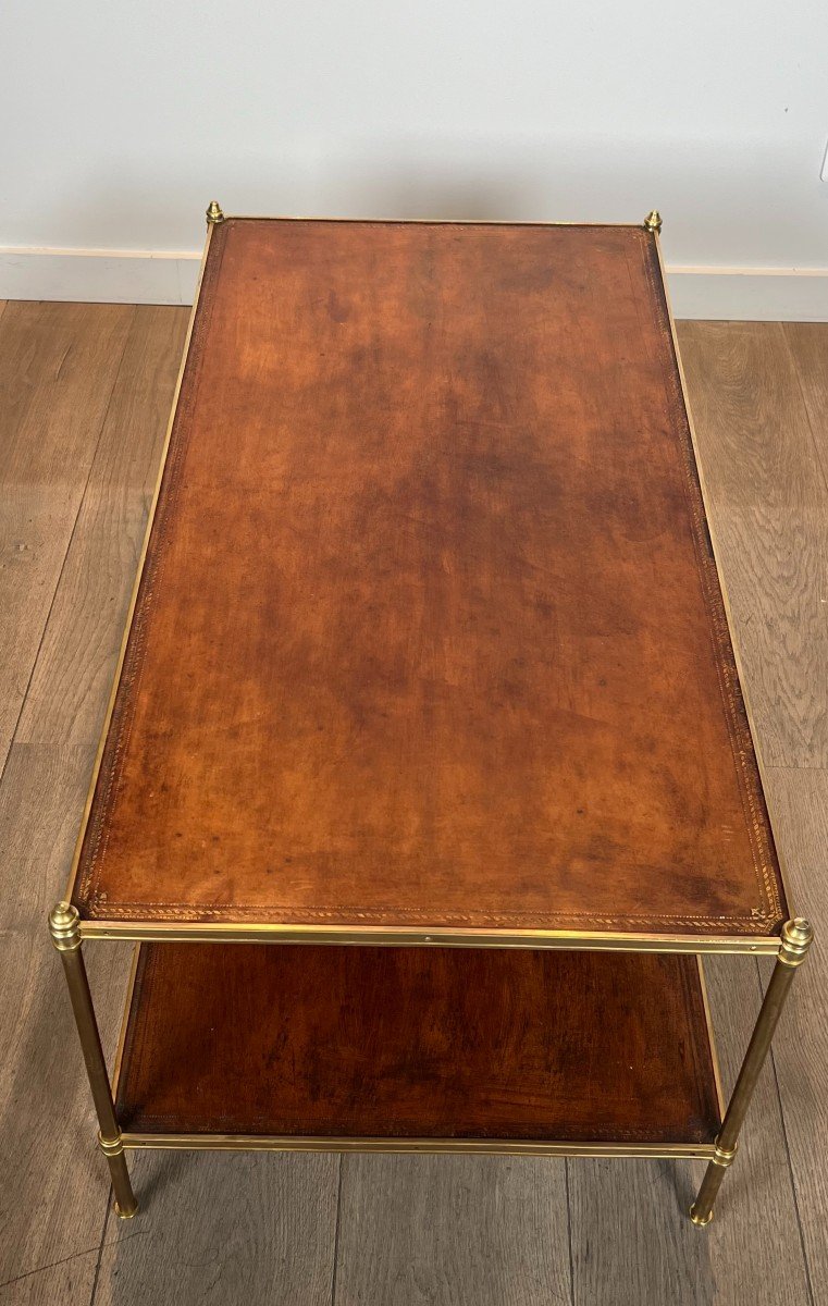 Important Neoclassical Style Brass Coffee Table With Leather Tops. French Work By Maison Jansen-photo-3