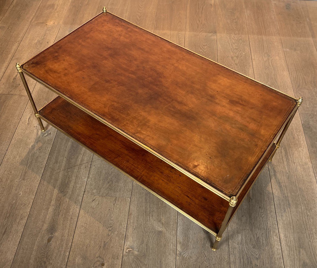 Important Neoclassical Style Brass Coffee Table With Leather Tops. French Work By Maison Jansen-photo-7