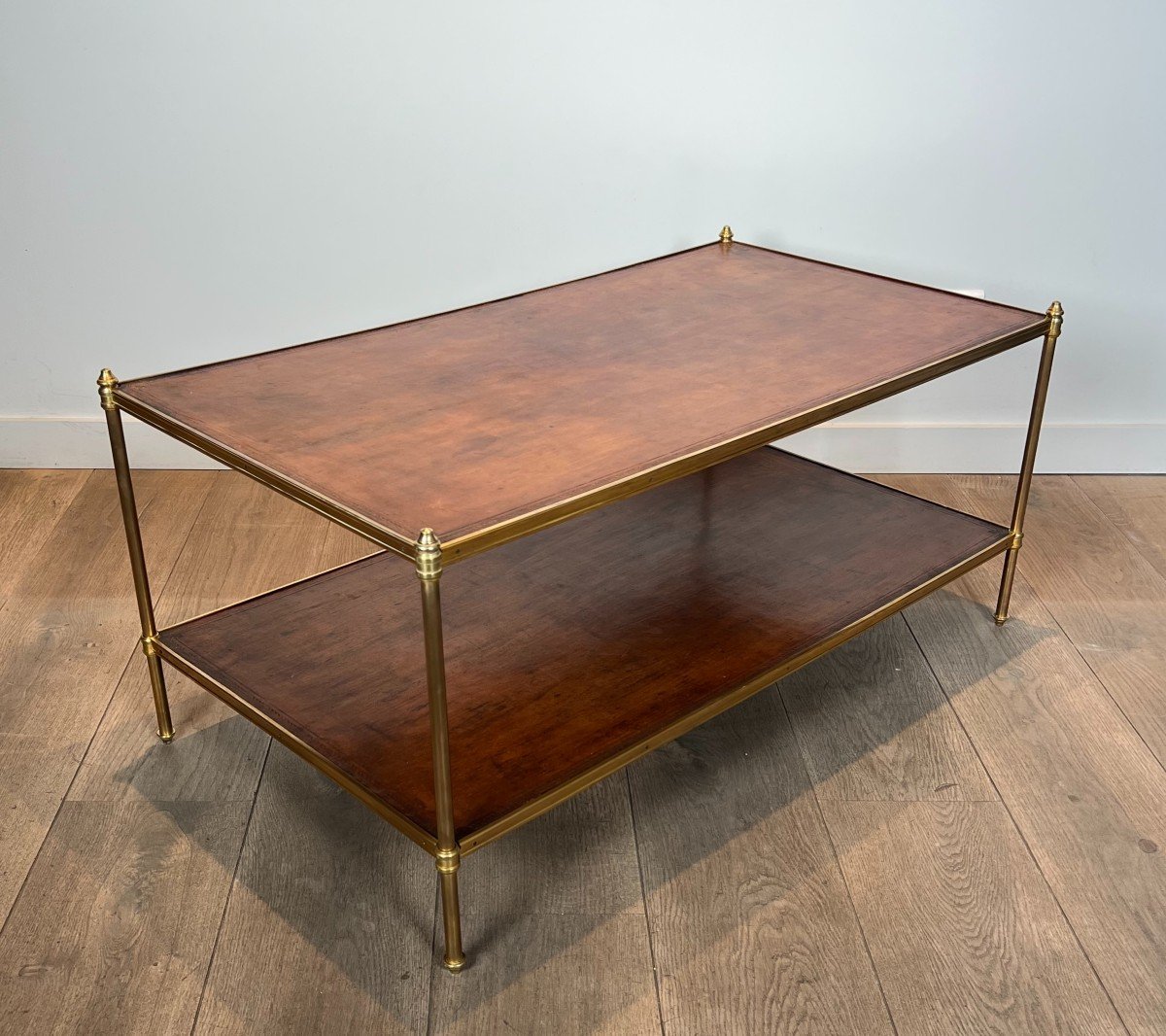 Important Neoclassical Style Brass Coffee Table With Leather Tops. French Work By Maison Jansen-photo-8