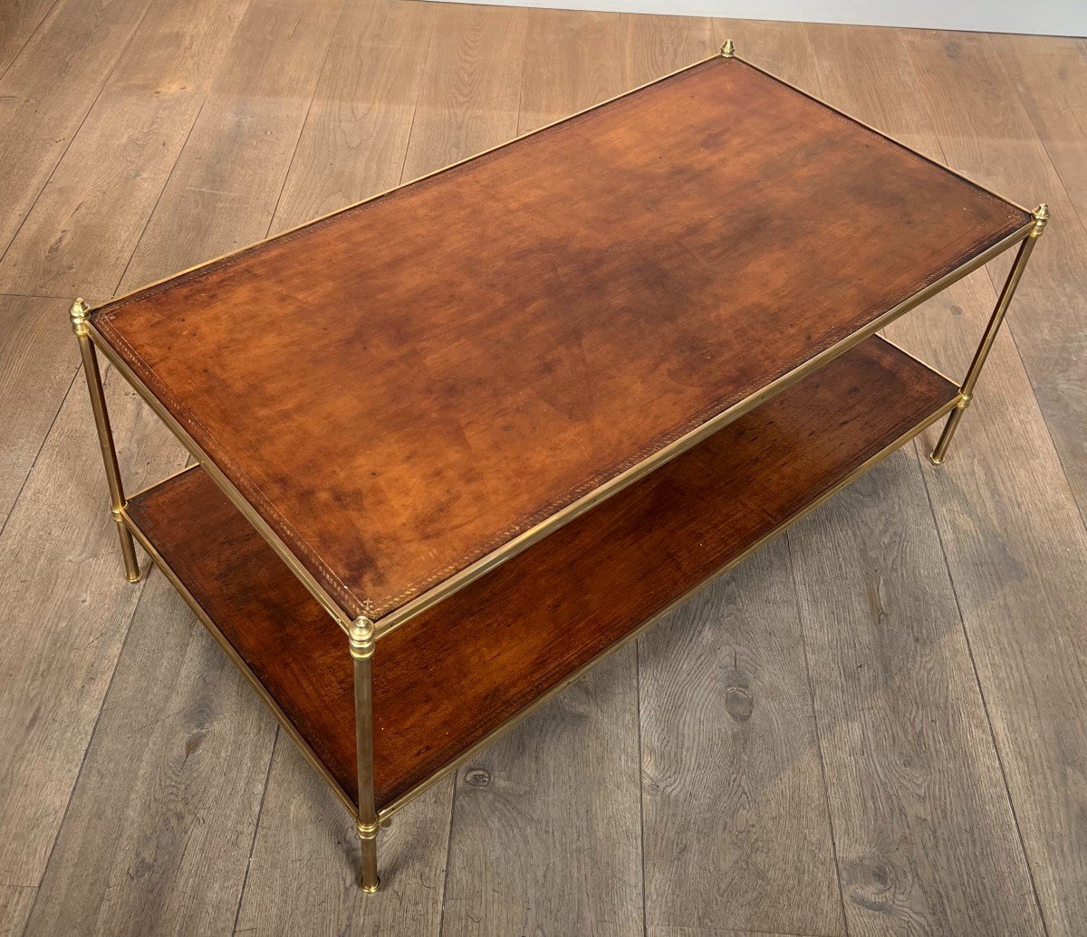 Important Neoclassical Style Brass Coffee Table With Leather Tops. French Work By Maison Jansen