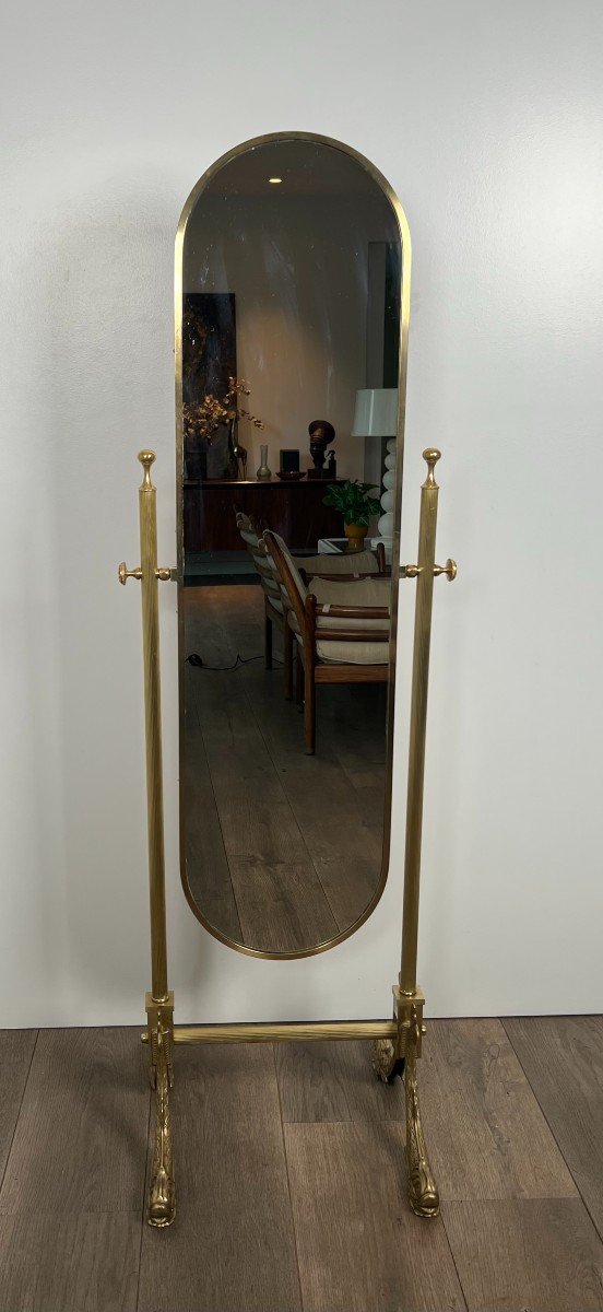 Neoclassical Style Swinging Brass Psyche Mirror With Dolphins Base By Maison Jansen-photo-2