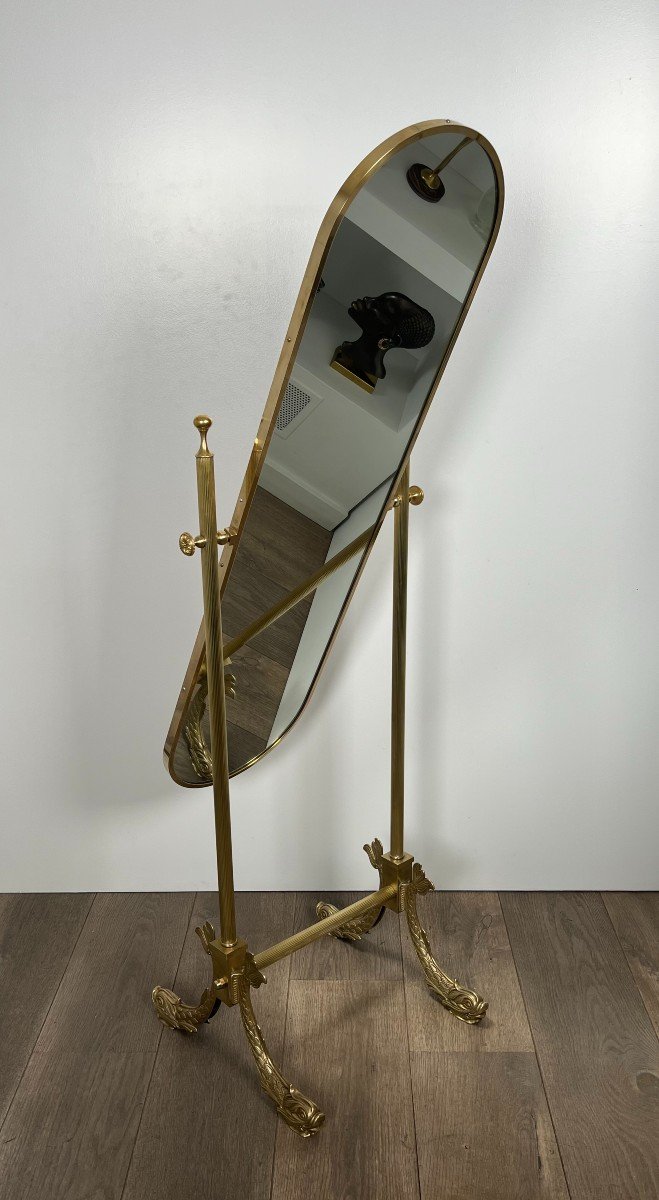 Neoclassical Style Swinging Brass Psyche Mirror With Dolphins Base By Maison Jansen-photo-4