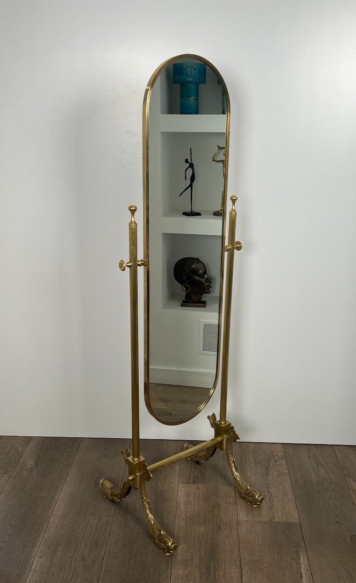 Neoclassical Style Swinging Brass Psyche Mirror With Dolphins Base By Maison Jansen-photo-8