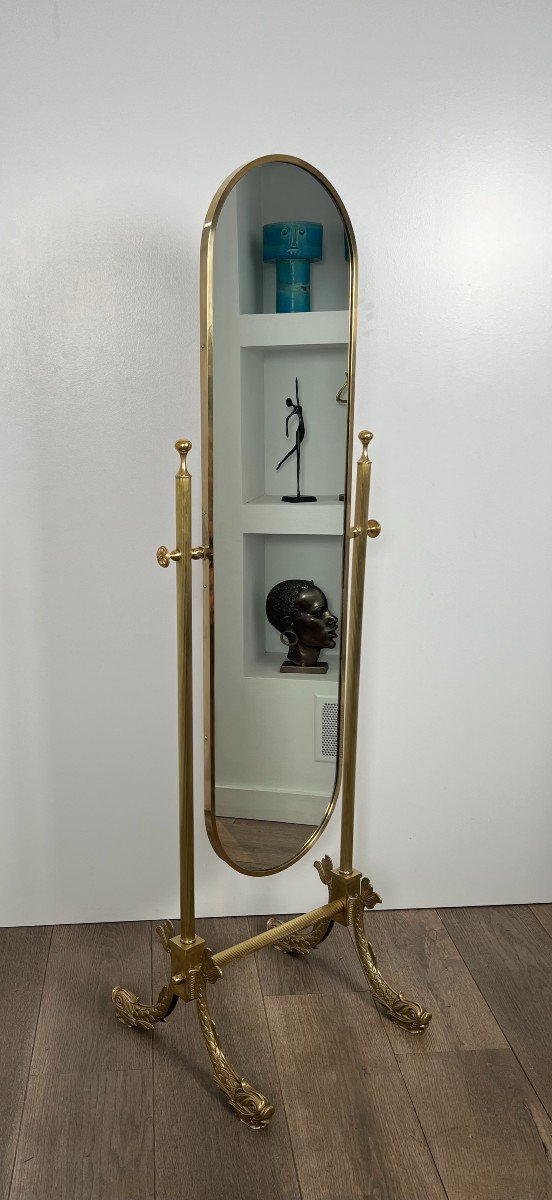 Neoclassical Style Swinging Brass Psyche Mirror With Dolphins Base By Maison Jansen