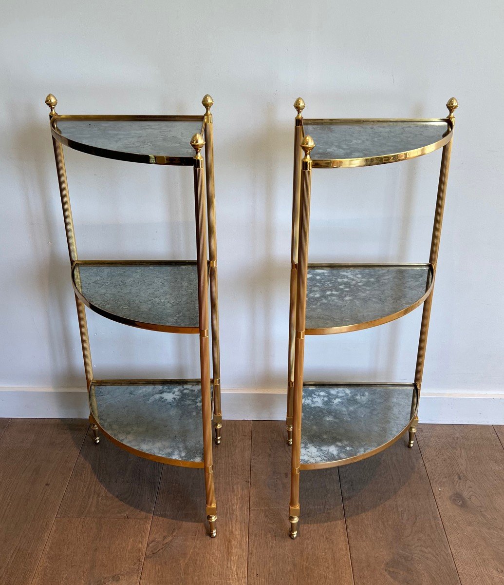 Pair Of Gilt Metal Corner Side Tables With Eglomized Mirror Shelves. French Work -photo-7