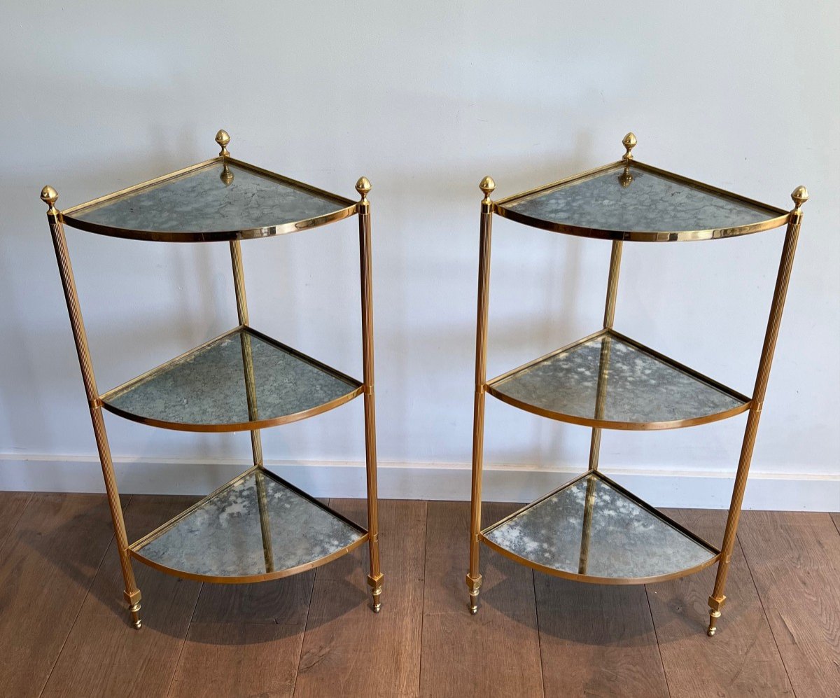 Pair Of Gilt Metal Corner Side Tables With Eglomized Mirror Shelves. French Work 