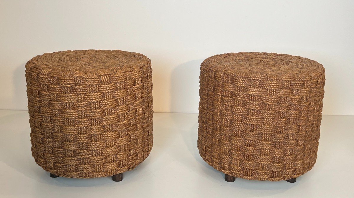 Pair Of Rope Stools With Wooden Round Feet. French Work In The Style Of Adrien Audoux And Frida-photo-2