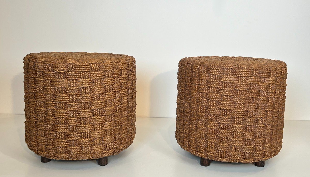 Pair Of Rope Stools With Wooden Round Feet. French Work In The Style Of Adrien Audoux And Frida-photo-3