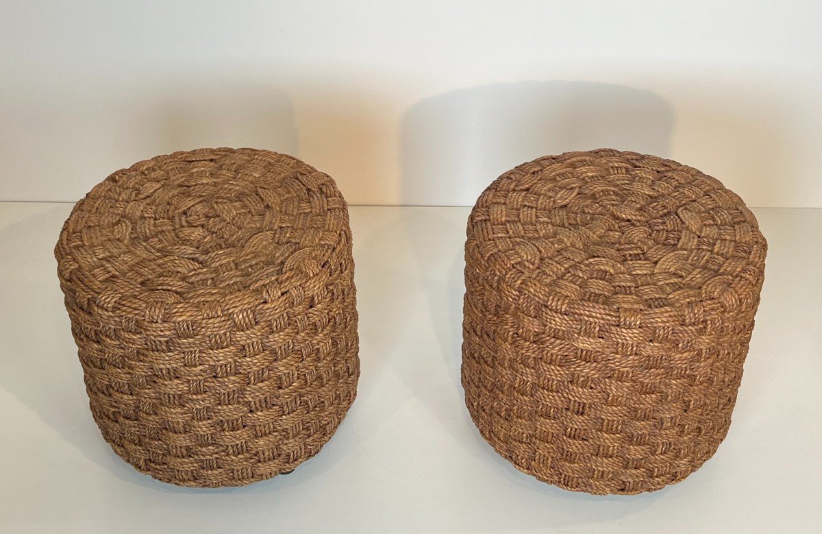 Pair Of Rope Stools With Wooden Round Feet. French Work In The Style Of Adrien Audoux And Frida-photo-8