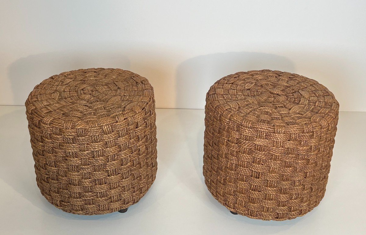 Pair Of Rope Stools With Wooden Round Feet. French Work In The Style Of Adrien Audoux And Frida