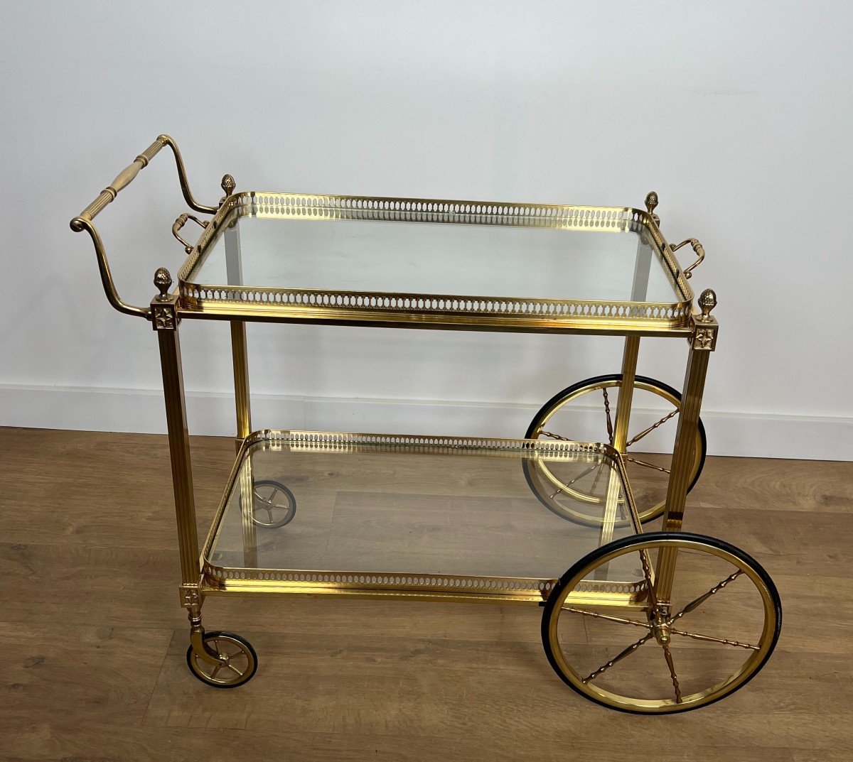 Neoclassical Style Brass Drinks Trolley Decorated With Lily Flowers. French Work 