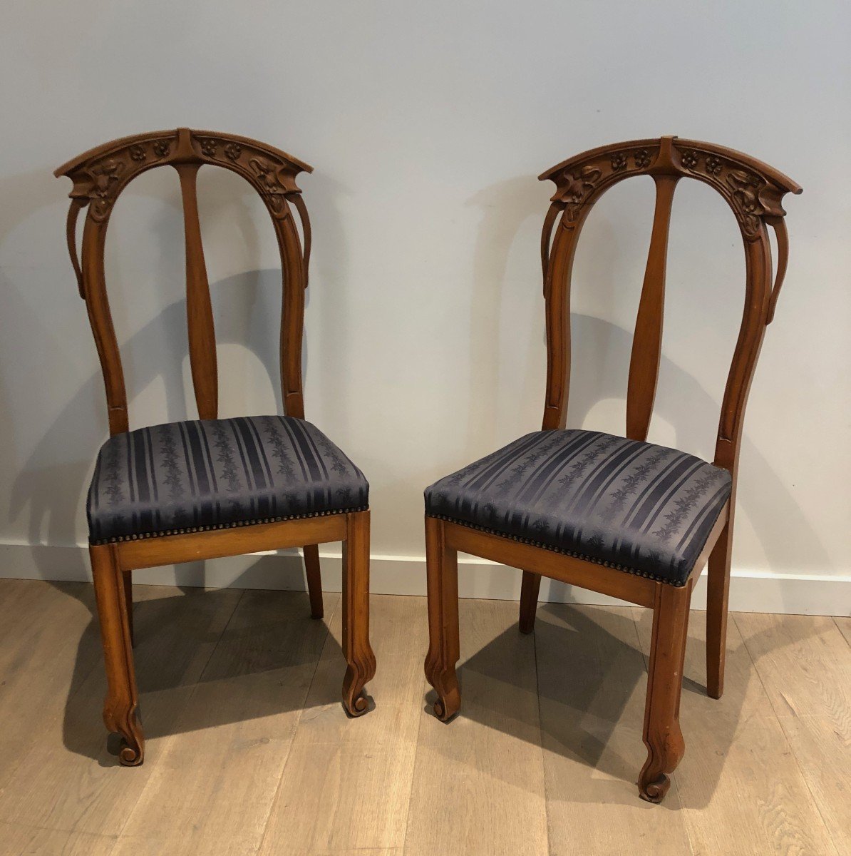 Suite Of 4 Cherry Wood Chairs Decorated With Flowers And Plants. French Work From -photo-2