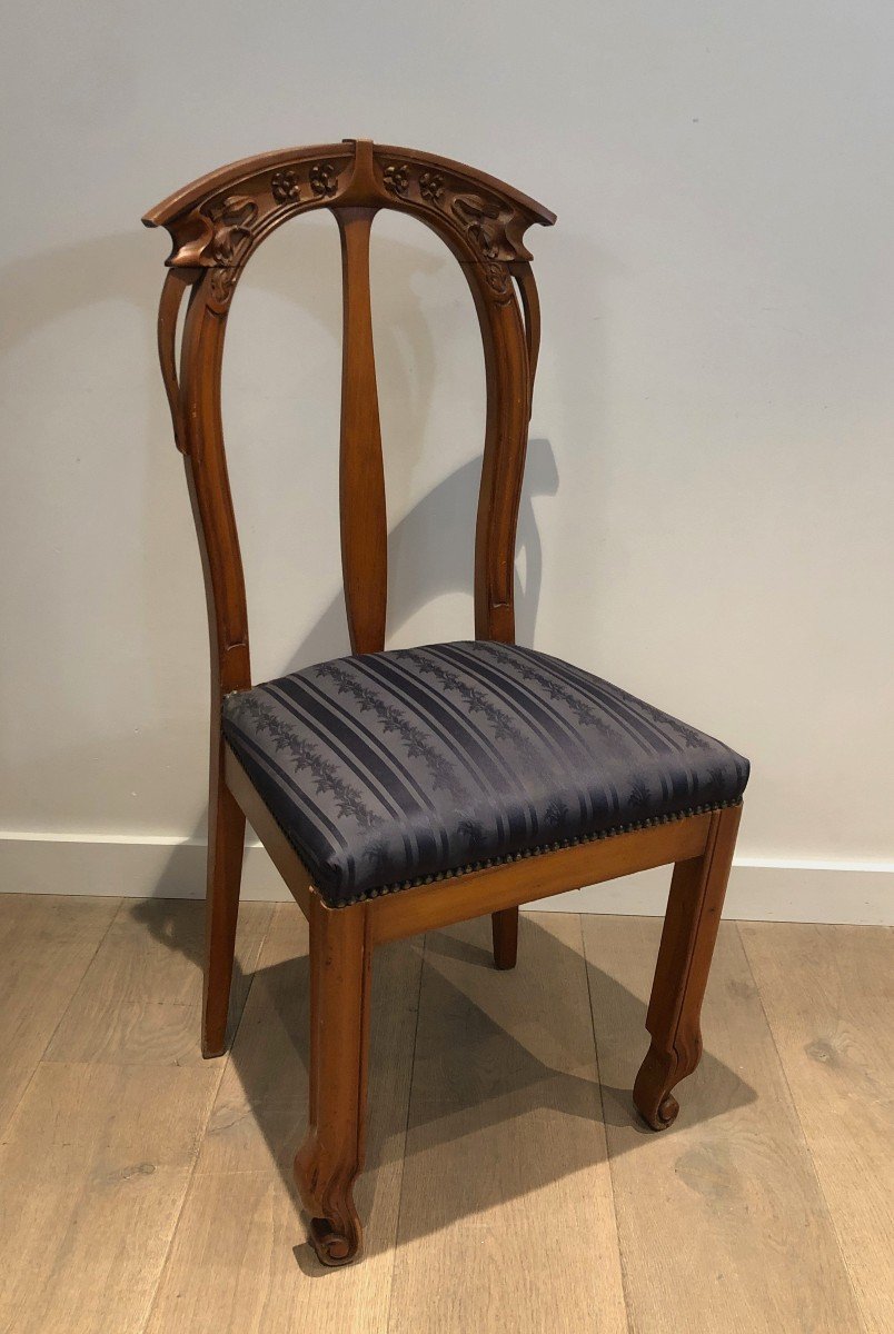 Suite Of 4 Cherry Wood Chairs Decorated With Flowers And Plants. French Work From -photo-3