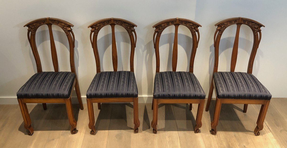 Suite Of 4 Cherry Wood Chairs Decorated With Flowers And Plants. French Work From 