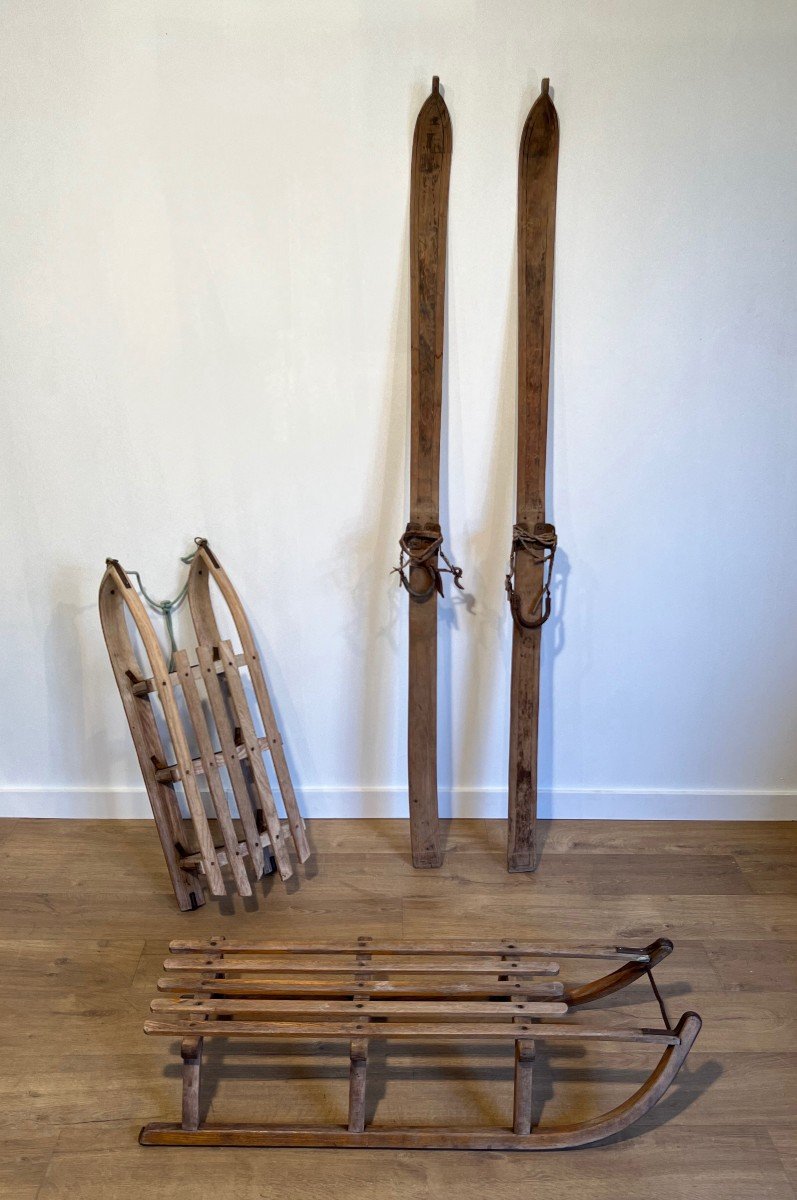 Paire d'Anciens Skis En Bois-photo-2