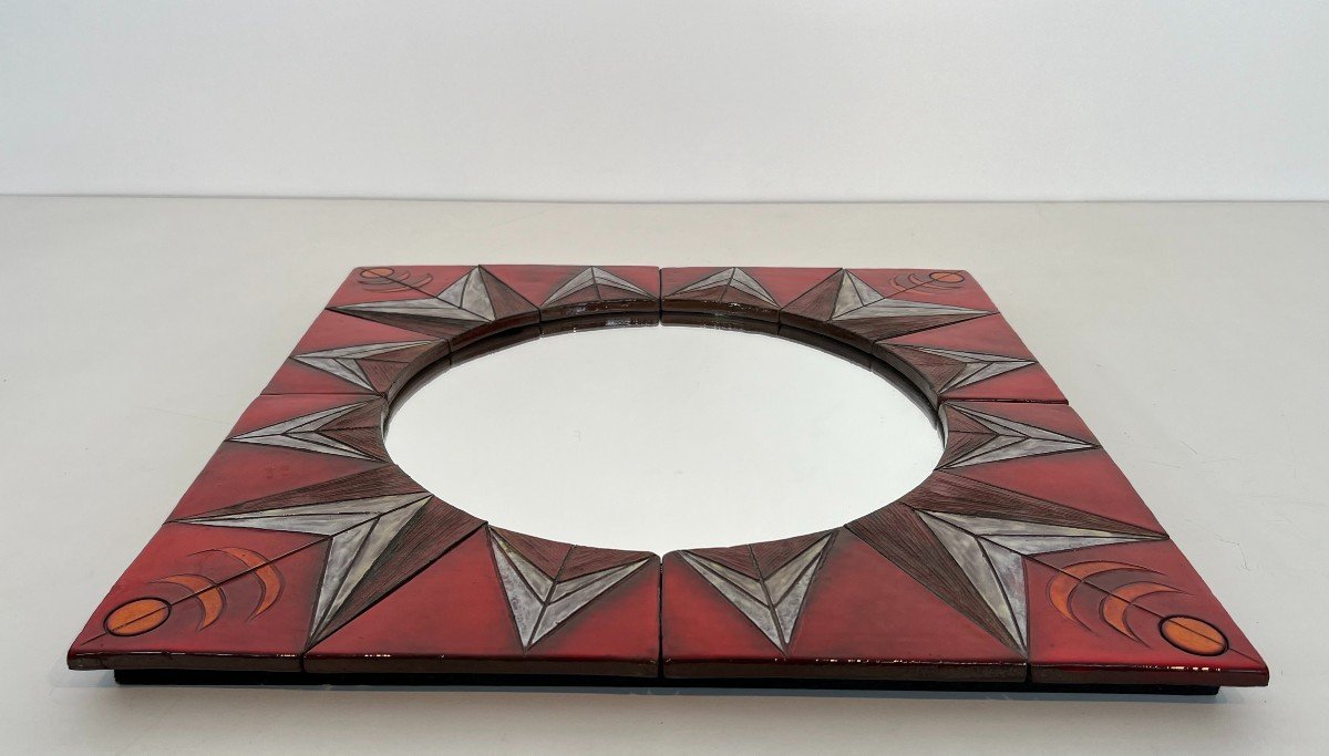 Ceramic Mirror Representing A  Stylized Sun On A Red Background Attributed To Oswald Tiberghien-photo-2