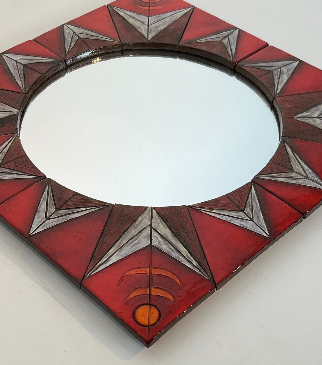 Ceramic Mirror Representing A  Stylized Sun On A Red Background Attributed To Oswald Tiberghien-photo-3