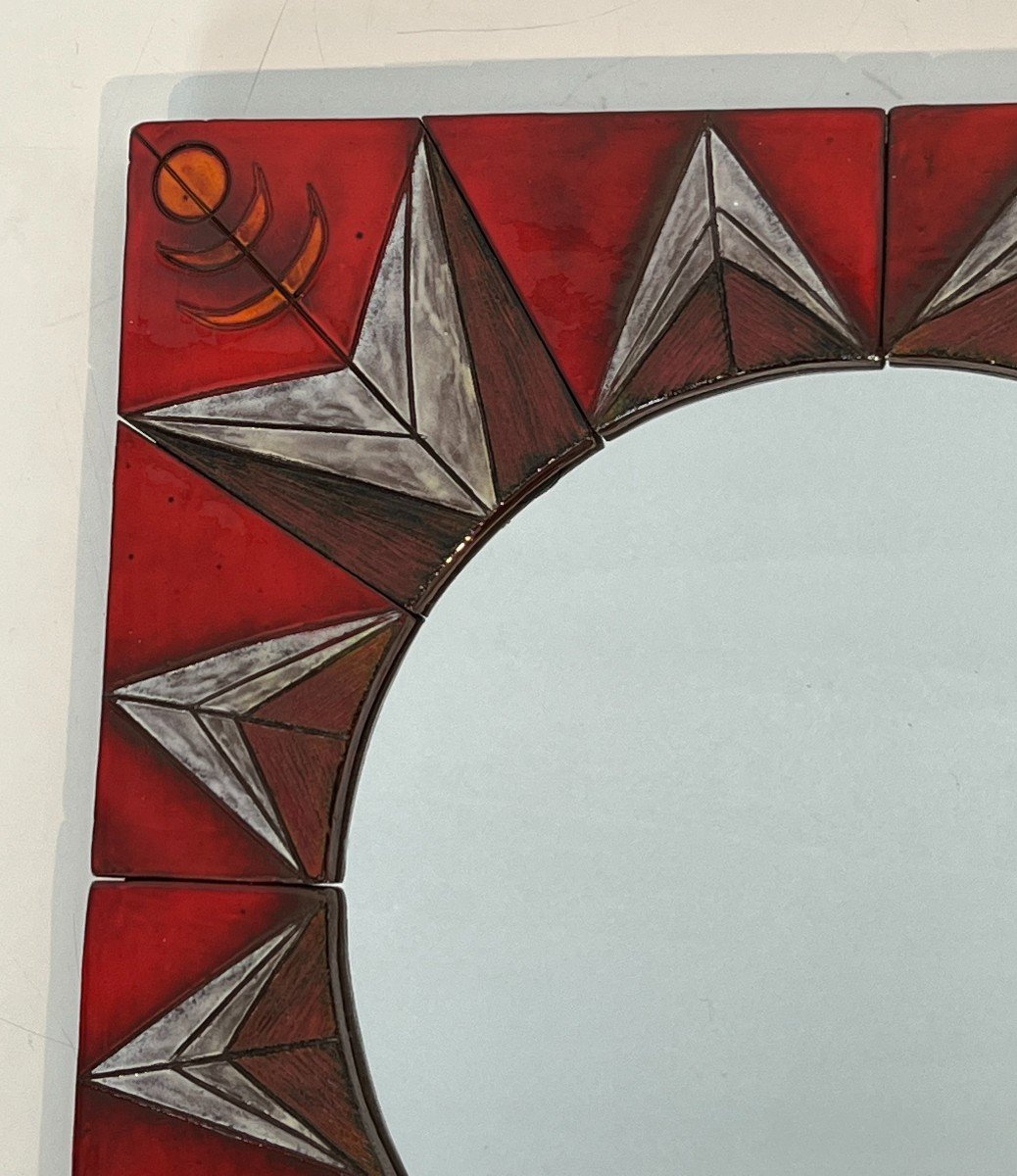 Ceramic Mirror Representing A  Stylized Sun On A Red Background Attributed To Oswald Tiberghien-photo-2