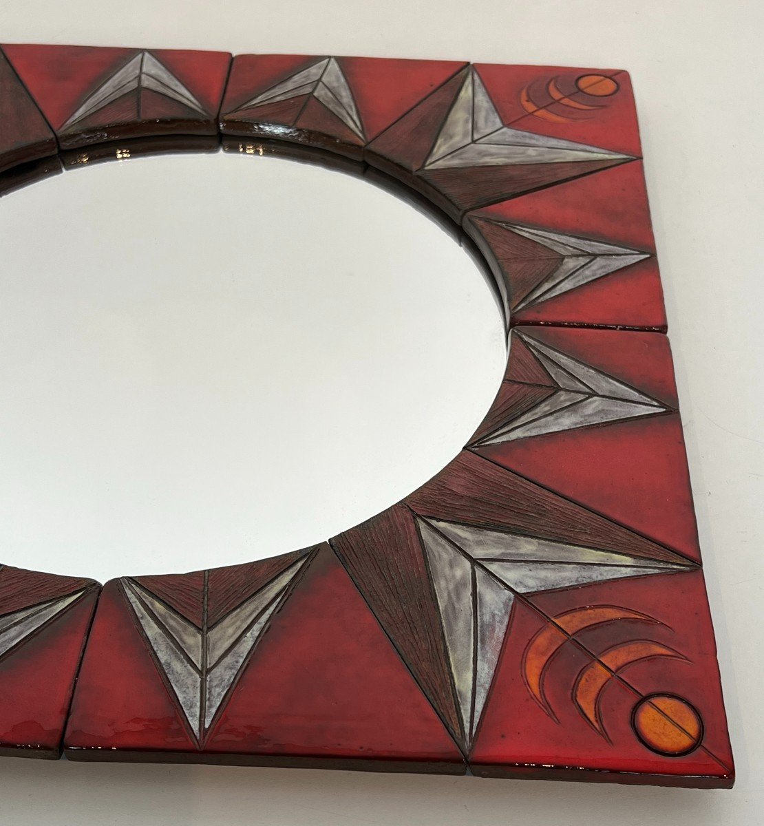 Ceramic Mirror Representing A  Stylized Sun On A Red Background Attributed To Oswald Tiberghien-photo-3