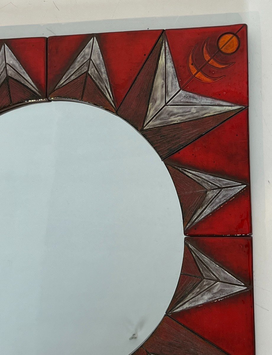 Ceramic Mirror Representing A  Stylized Sun On A Red Background Attributed To Oswald Tiberghien-photo-4