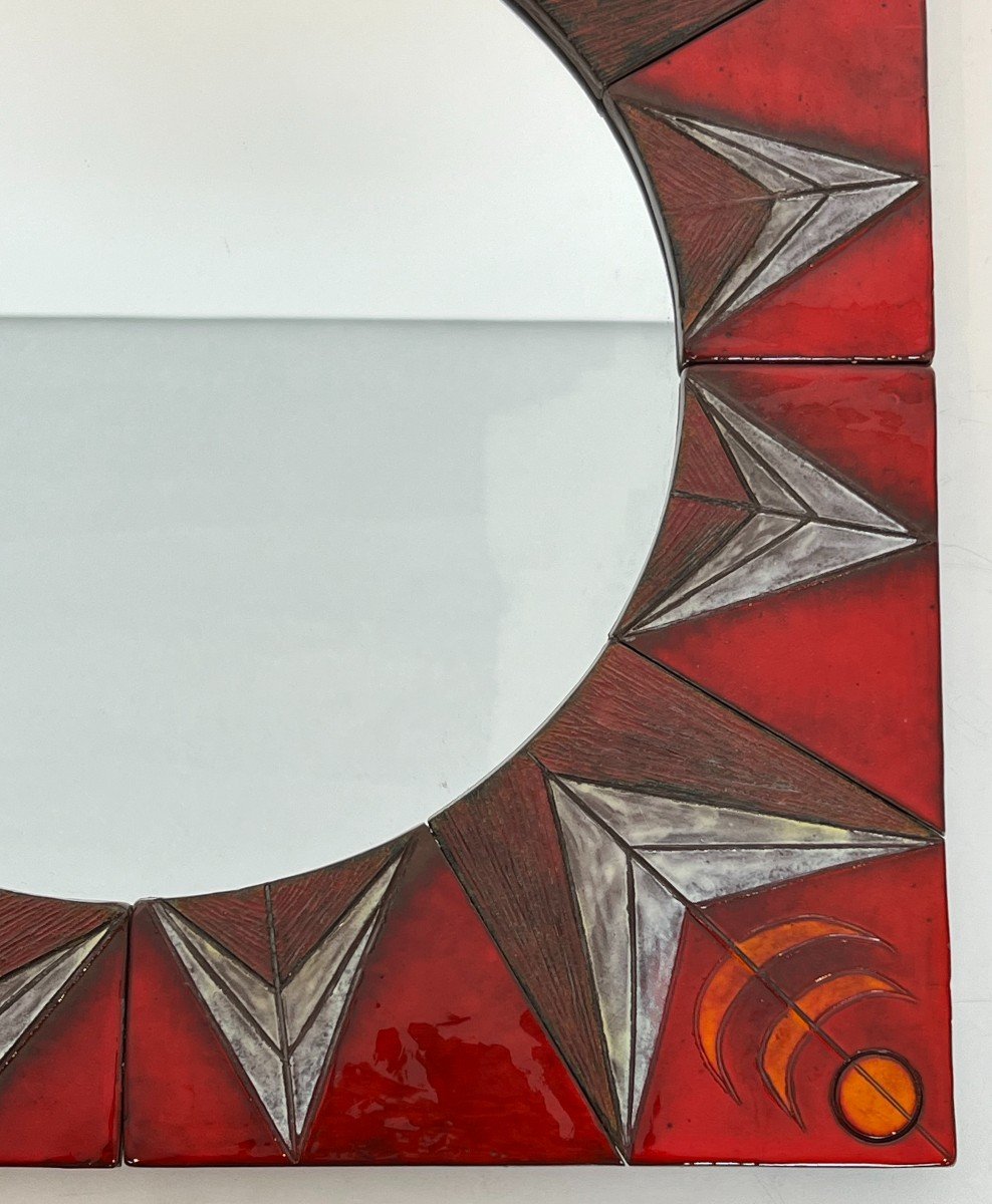 Ceramic Mirror Representing A  Stylized Sun On A Red Background Attributed To Oswald Tiberghien-photo-6