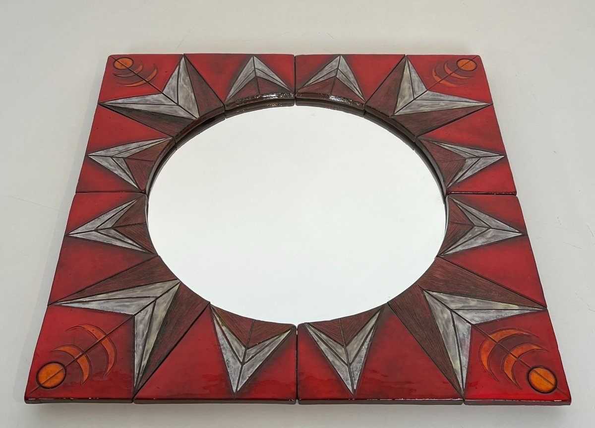 Ceramic Mirror Representing A  Stylized Sun On A Red Background Attributed To Oswald Tiberghien-photo-8