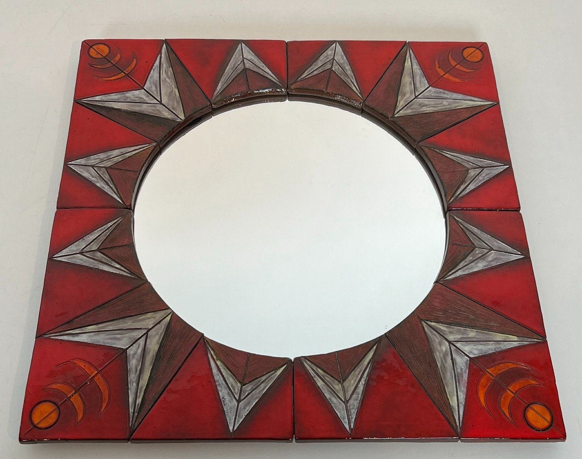 Ceramic Mirror Representing A  Stylized Sun On A Red Background Attributed To Oswald Tiberghien