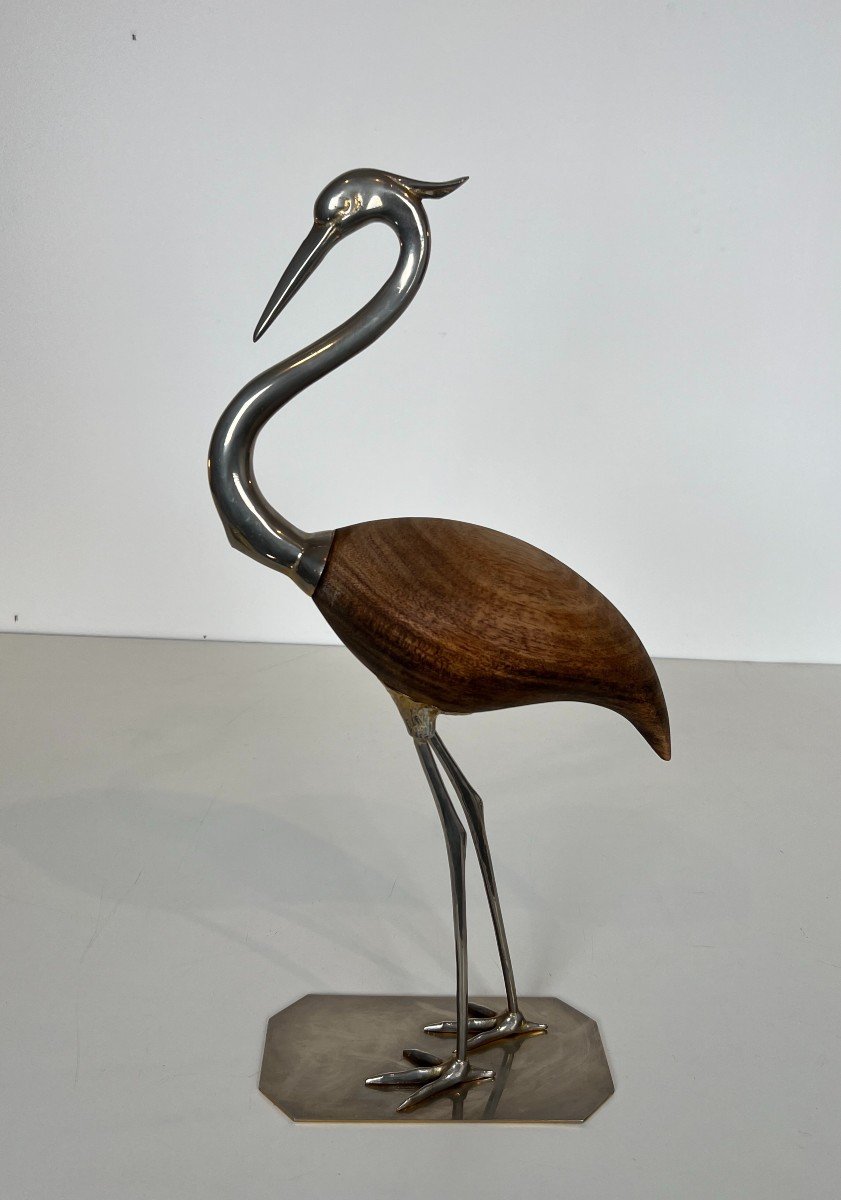 Decorative Exotic Wood And Nickel Bird. French Work. Circa 1970-photo-2