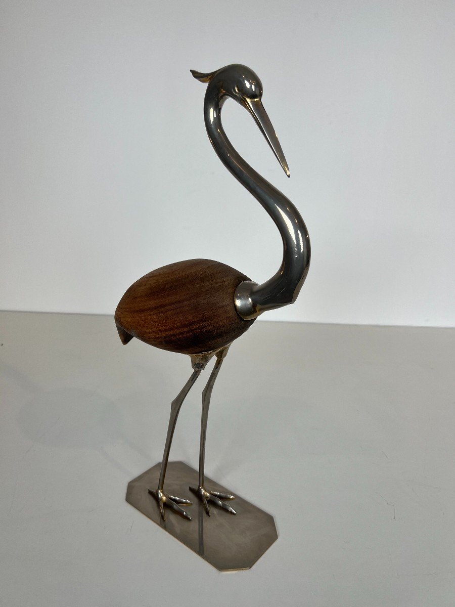 Decorative Exotic Wood And Nickel Bird. French Work. Circa 1970-photo-3