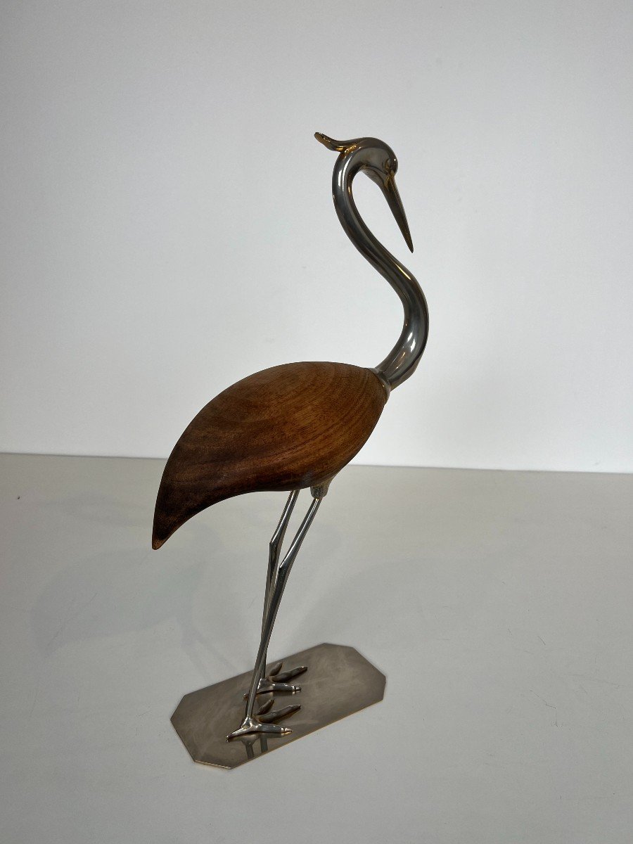 Decorative Exotic Wood And Nickel Bird. French Work. Circa 1970-photo-1