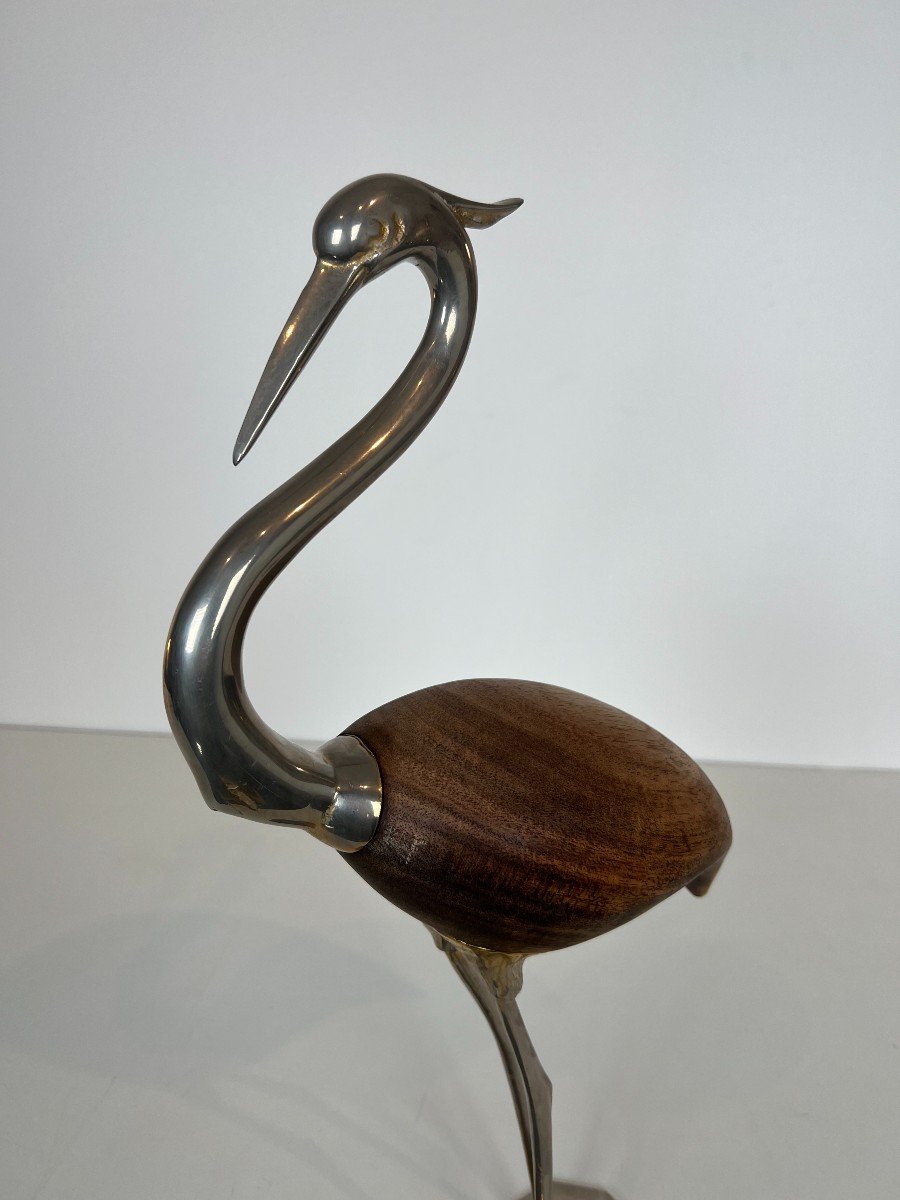 Decorative Exotic Wood And Nickel Bird. French Work. Circa 1970-photo-3