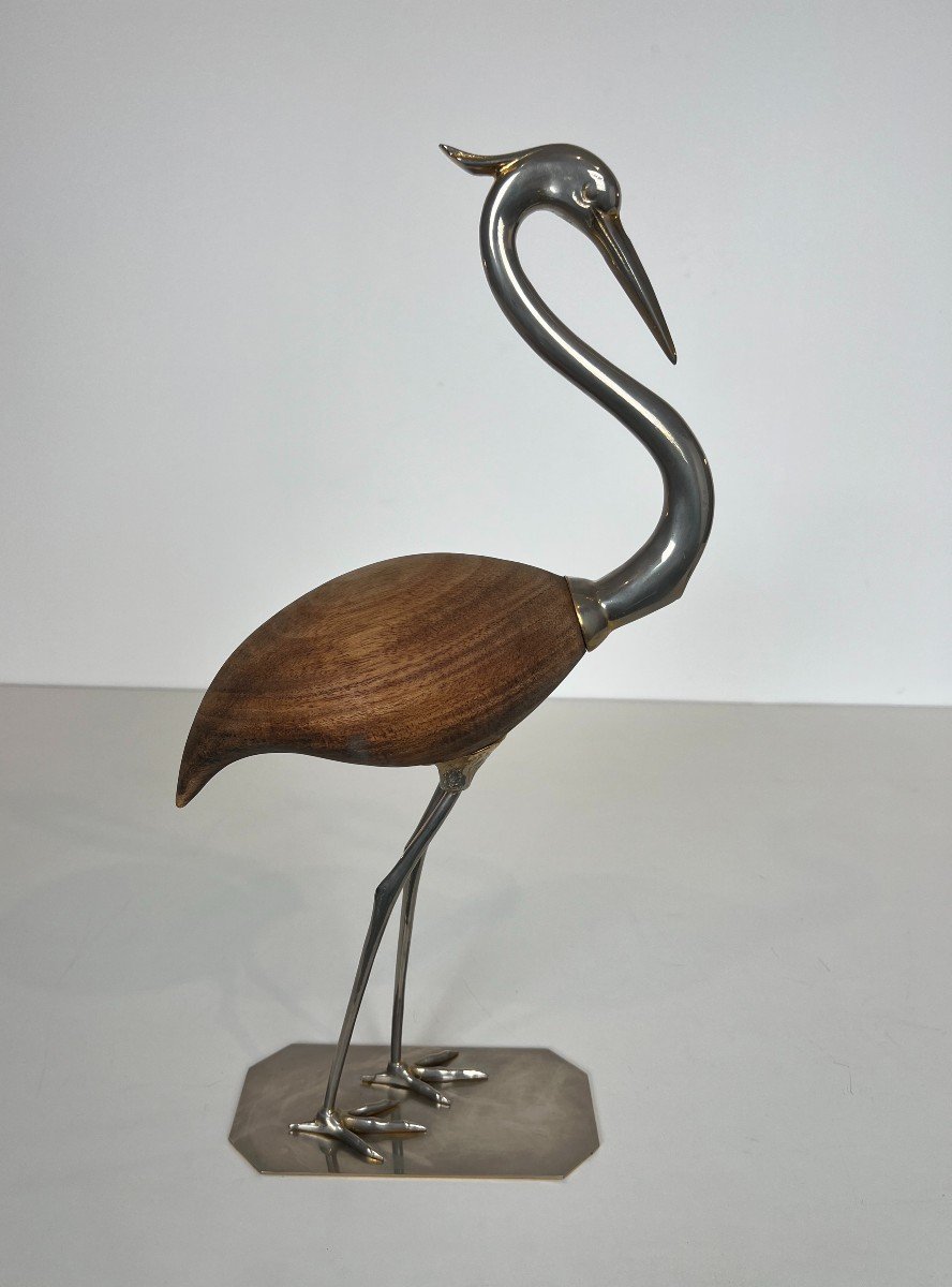 Decorative Exotic Wood And Nickel Bird. French Work. Circa 1970