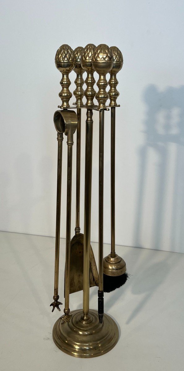 Neoclassical Style Brass Pineapple Fireplace Tools In The Style Of Maison Baguès. -photo-2