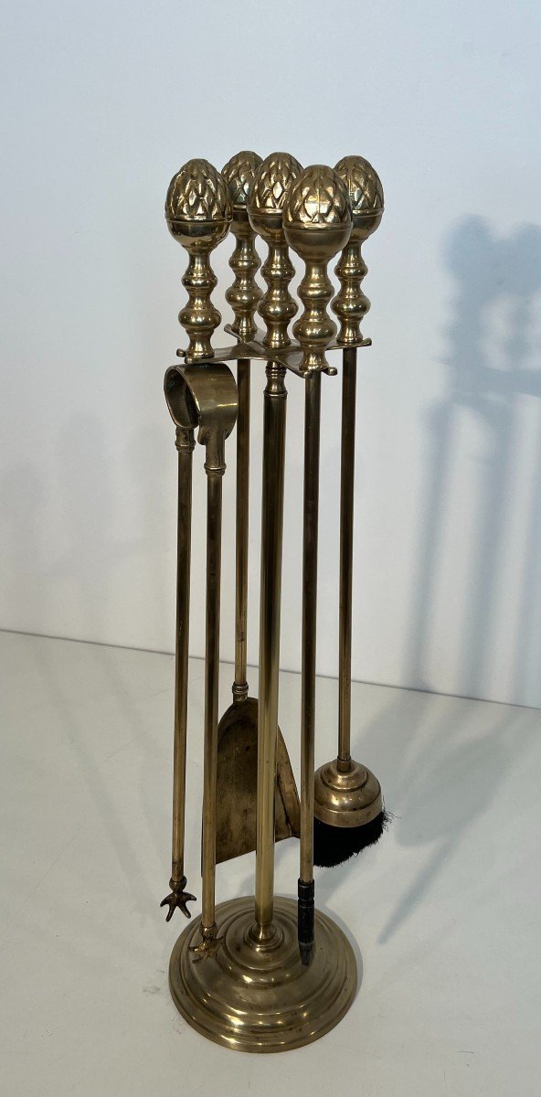 Neoclassical Style Brass Pineapple Fireplace Tools In The Style Of Maison Baguès. 