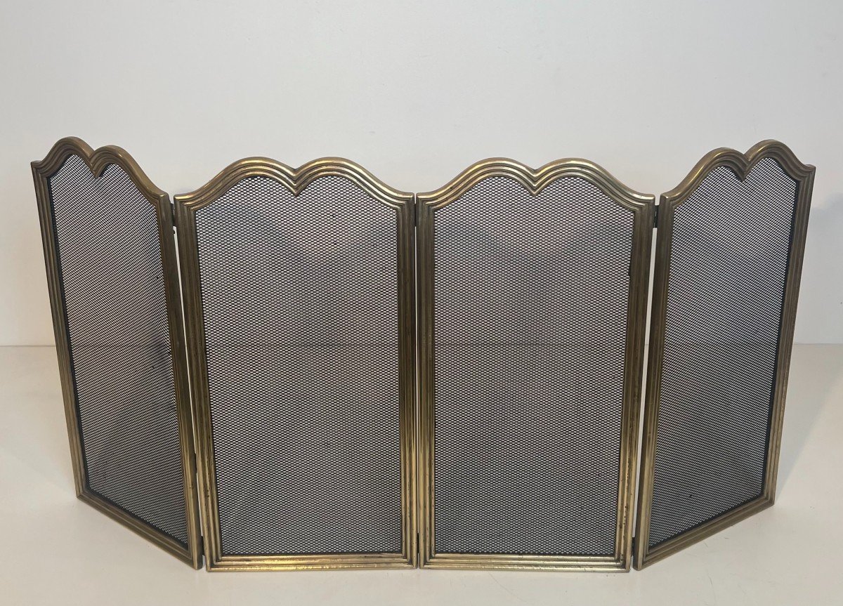 Neoclassical Style Brass And Grilling 4 Panels Fireplace Screen. French Work. Circa 1970-photo-2