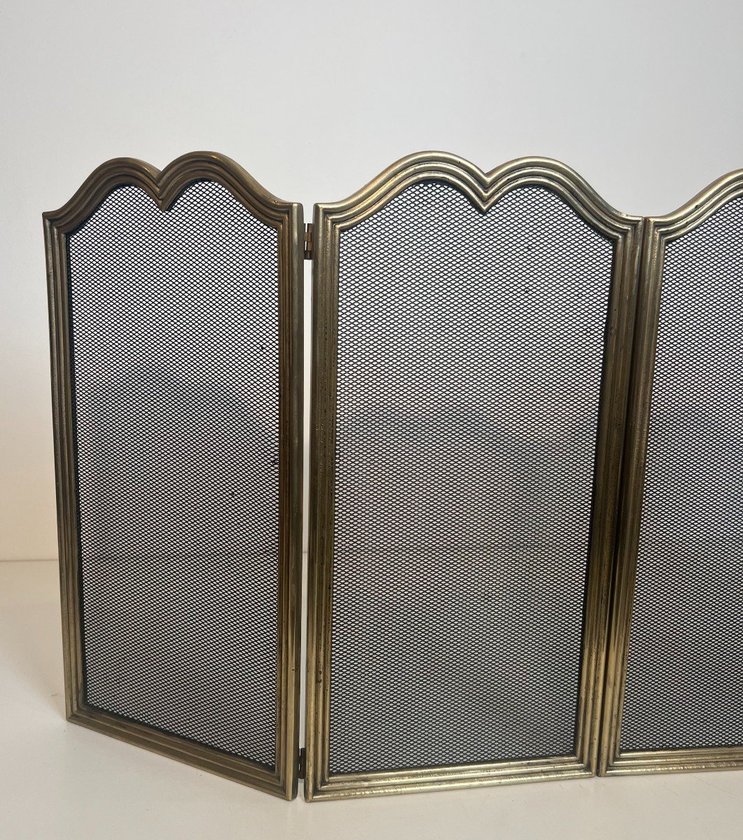 Neoclassical Style Brass And Grilling 4 Panels Fireplace Screen. French Work. Circa 1970-photo-3