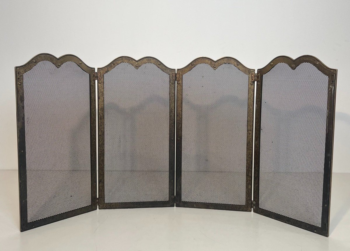 Neoclassical Style Brass And Grilling 4 Panels Fireplace Screen. French Work. Circa 1970-photo-7