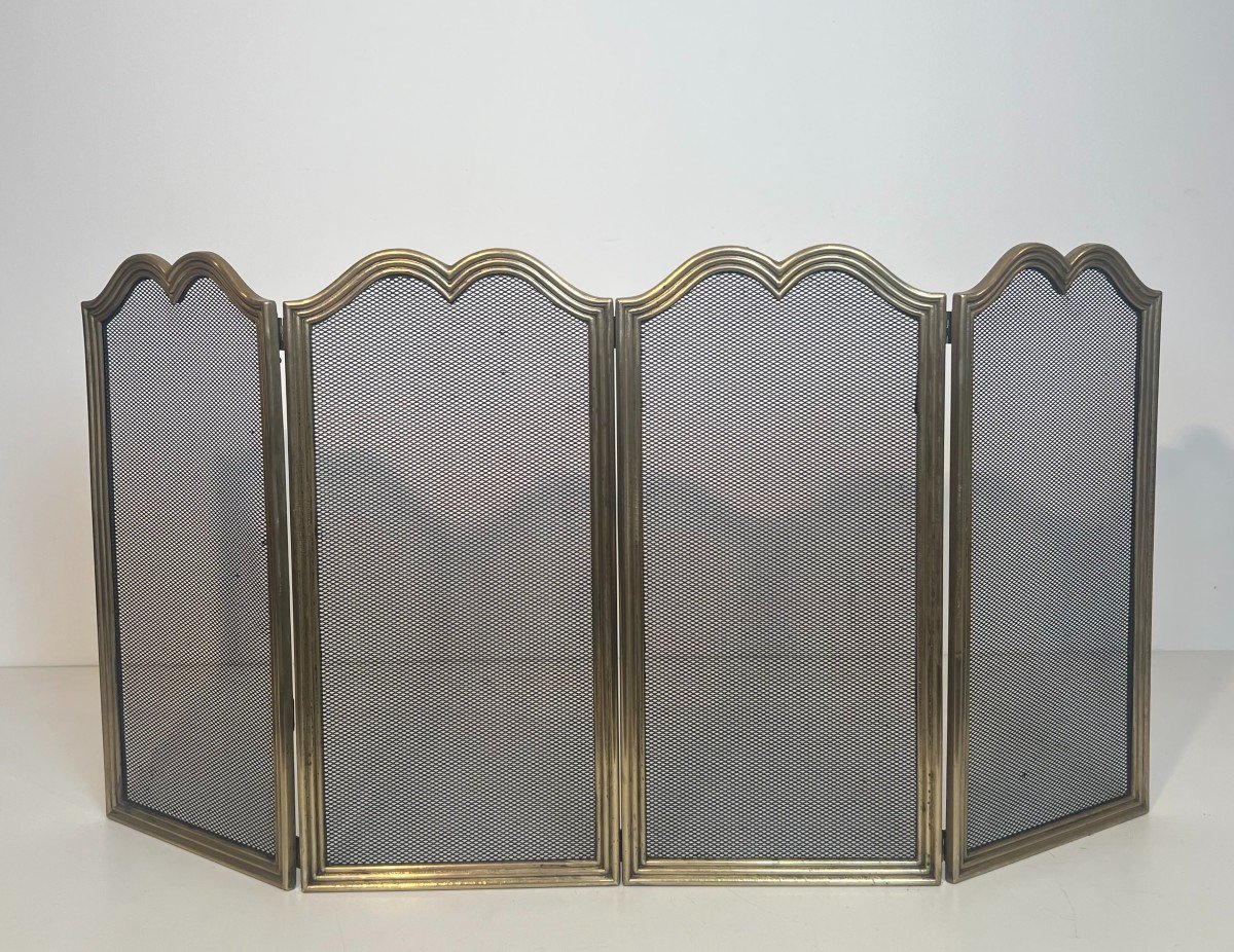 Neoclassical Style Brass And Grilling 4 Panels Fireplace Screen. French Work. Circa 1970