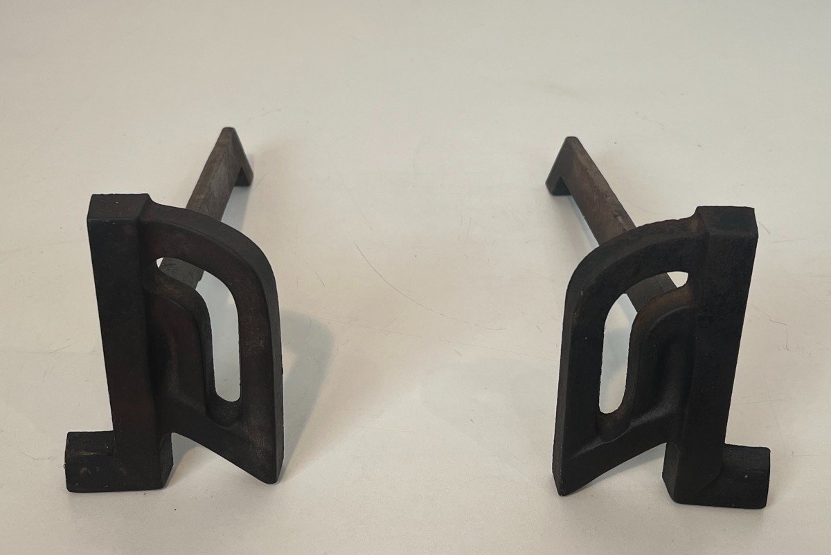 Pair Of Small Modernist Cast Iron And Wrought Iron Andirons. French Work. Circa 1940-photo-4