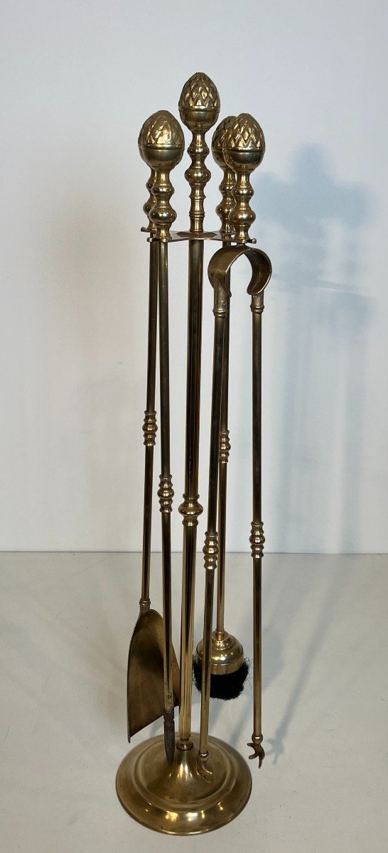 Tall Neoclassical Style Brass Pineapple Fireplace Tools In The Style Of Maison Baguès-photo-2