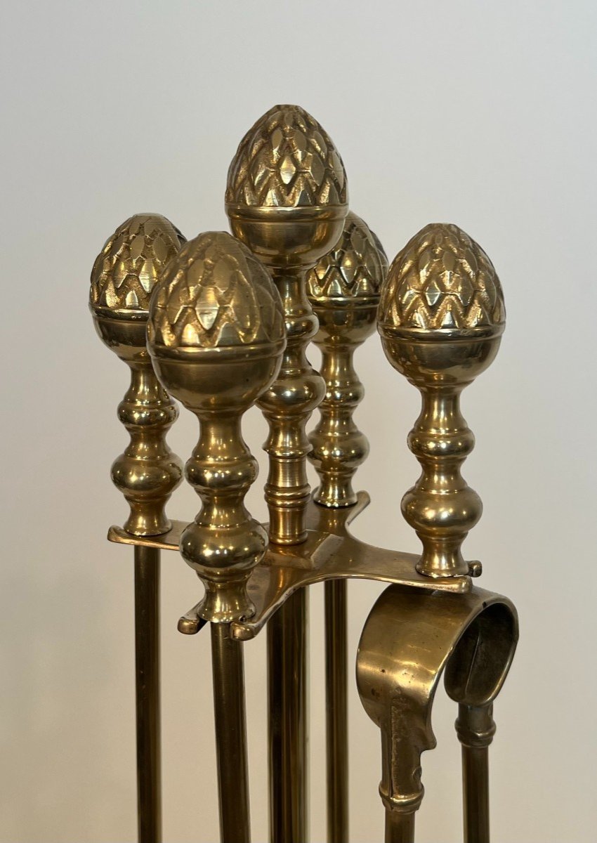 Tall Neoclassical Style Brass Pineapple Fireplace Tools In The Style Of Maison Baguès-photo-3