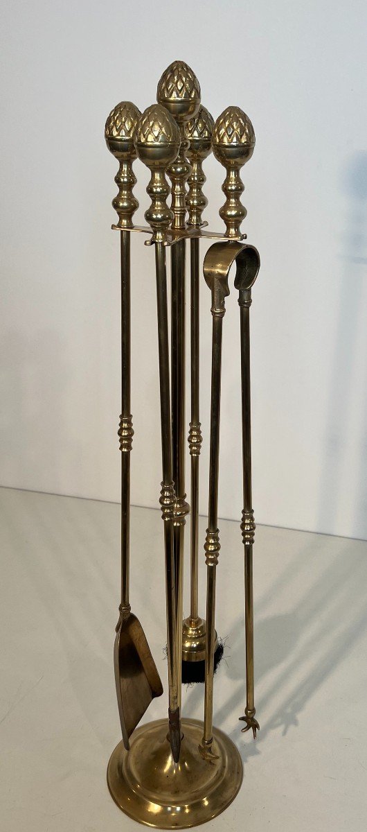 Tall Neoclassical Style Brass Pineapple Fireplace Tools In The Style Of Maison Baguès