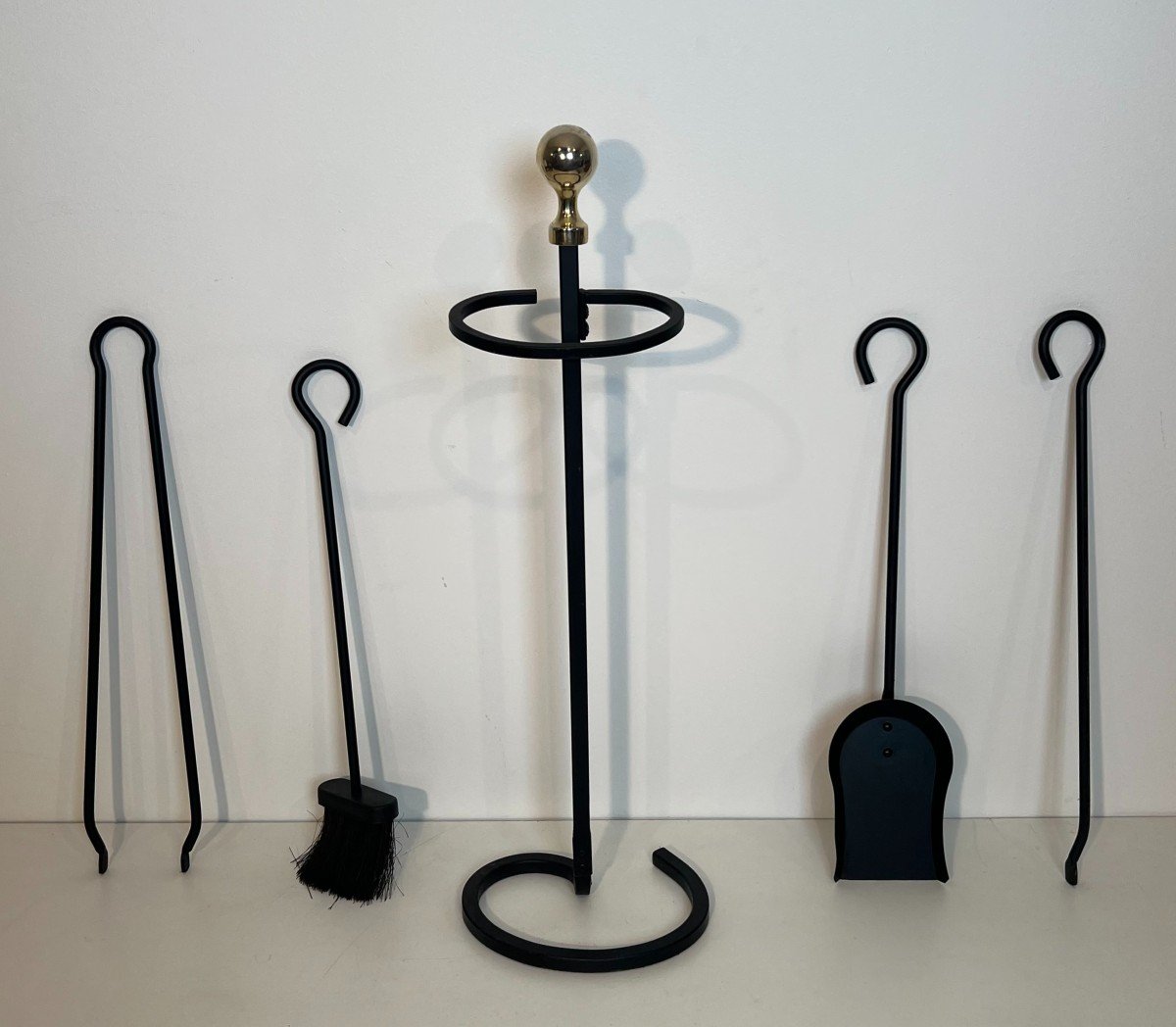 Black Lacquered And Brass Design Fireplace Tools On Stand. French Work. Circa 1970-photo-2