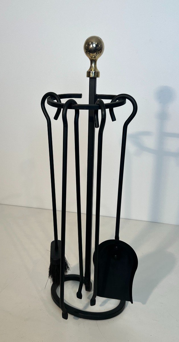 Black Lacquered And Brass Design Fireplace Tools On Stand. French Work. Circa 1970-photo-8